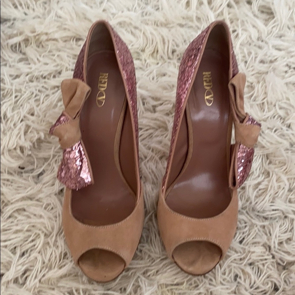 Pink Suede Bow and Red Valentino Glitter Heels